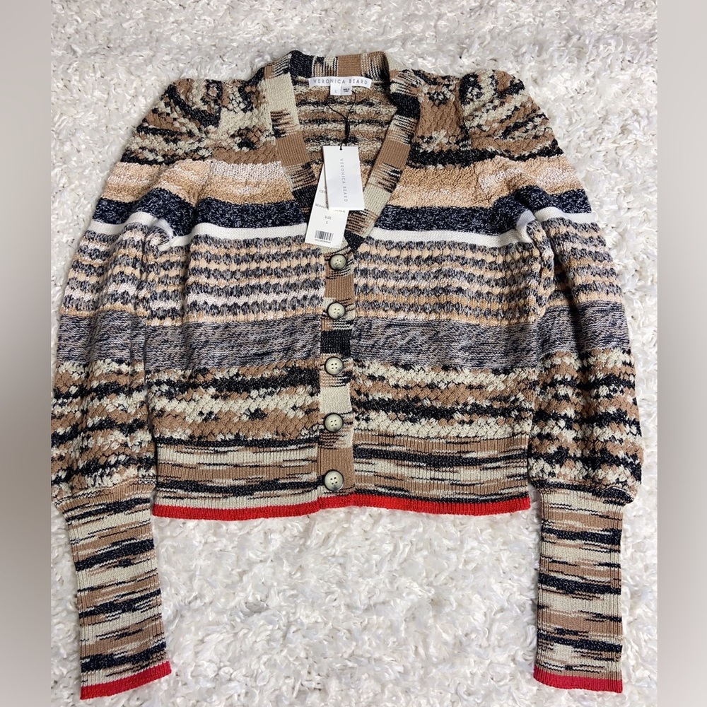 NWT Veronica Beard Cecily Mixed Knit Wool Cardigan Button Sweater - Picture 7 of 11
